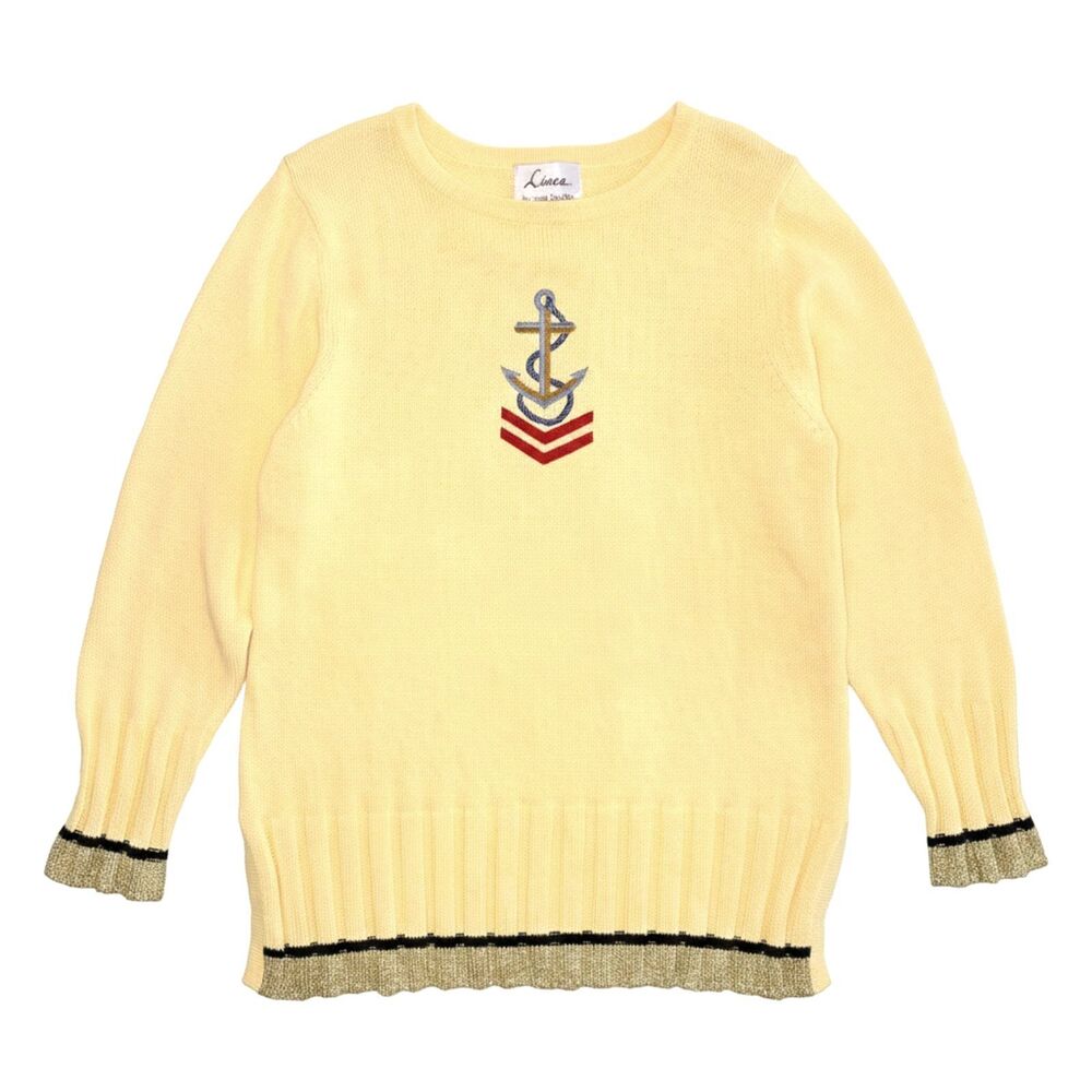 Linea By Louis DellOlio Women Medium Nautical Anchor Sweater Gold Trim Yellow
